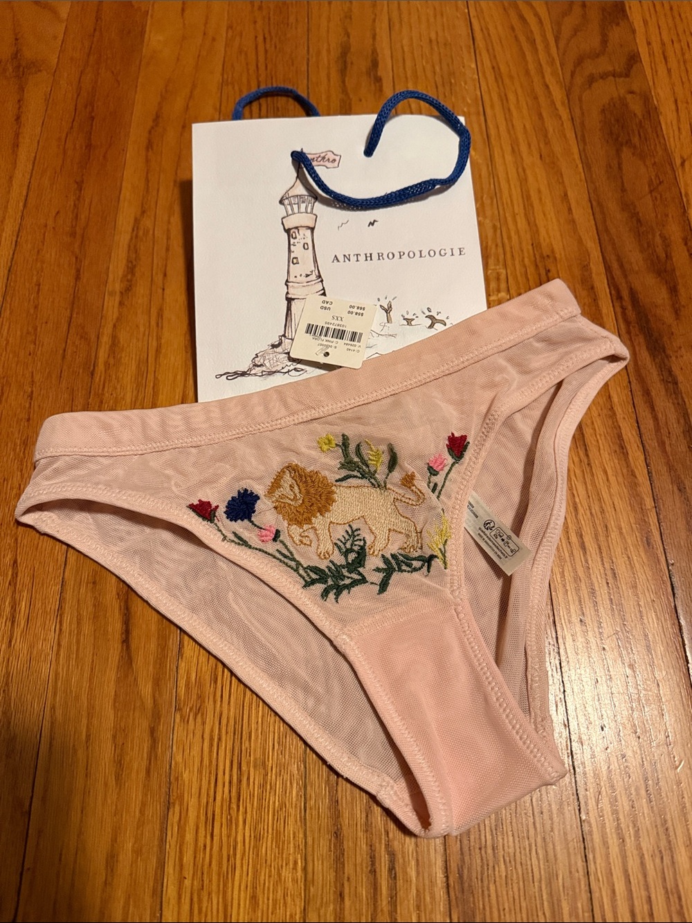 Anthropologie Blush Pink Embroidered Floral & Lion Bikini Panty